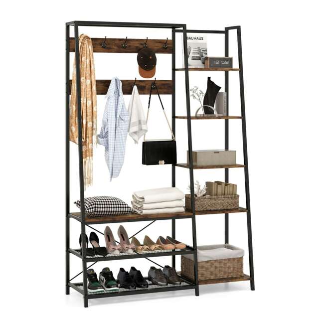 COSTWAY 5-in-1 Entryway Bench Industrial Coat Rack with 9 Hooks Brown One Size