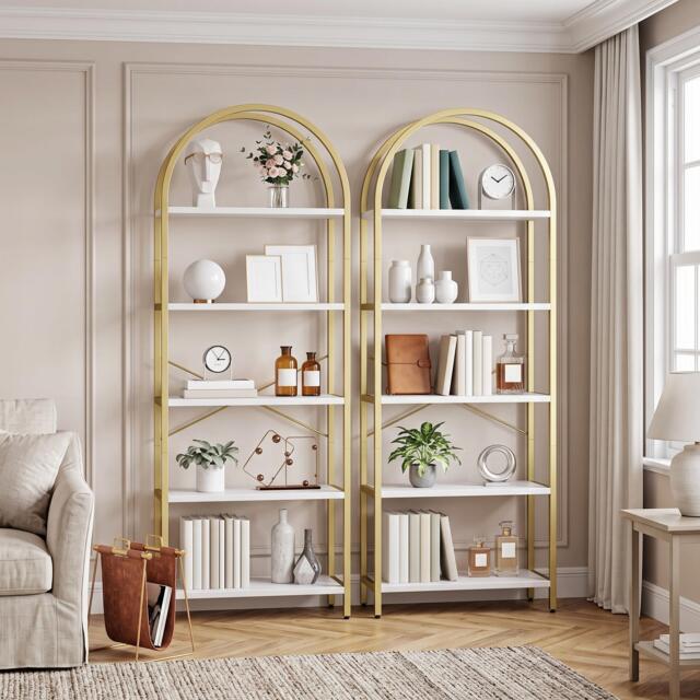 Set of 2 Arched 5-Tier Bookshelf Metal Bookcase Display Shelving Unit with Anti-Tip Safety Kits - White/Gold