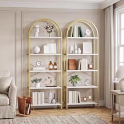 Set of 2 Arched 5-Tier Bookshelf Metal Bookcase Display Shelving Unit with Anti-Tip Safety Kits - White/Gold
