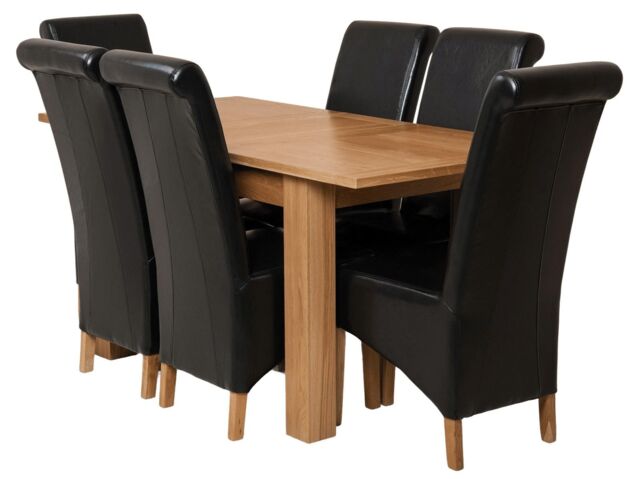 Hampton 120-160cm Oak Extending Dining Table and 6 Montana Leather Chairs Black Black