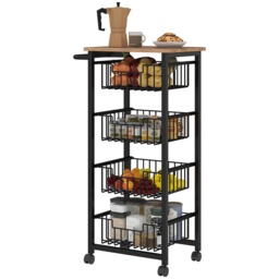 HOMCOM 4-Tier Kitchen Island on Wheels, Rolling Kitchen Storage Trolley with 4 Pull-Out Mesh Baskets, Mobile Utility Serving Cart, Oak