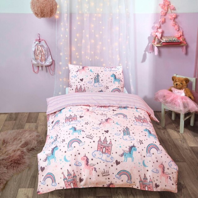 OHS Unicorn Duvet Cover with Pillowcase Set, Single - Blush Pink