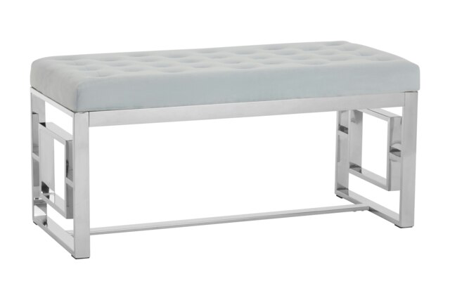 Orsina Stylish Powder Blue Velvet And Silver Bench, Luxe Bench For Outdoor, Accent Dining Bench For Diningroom