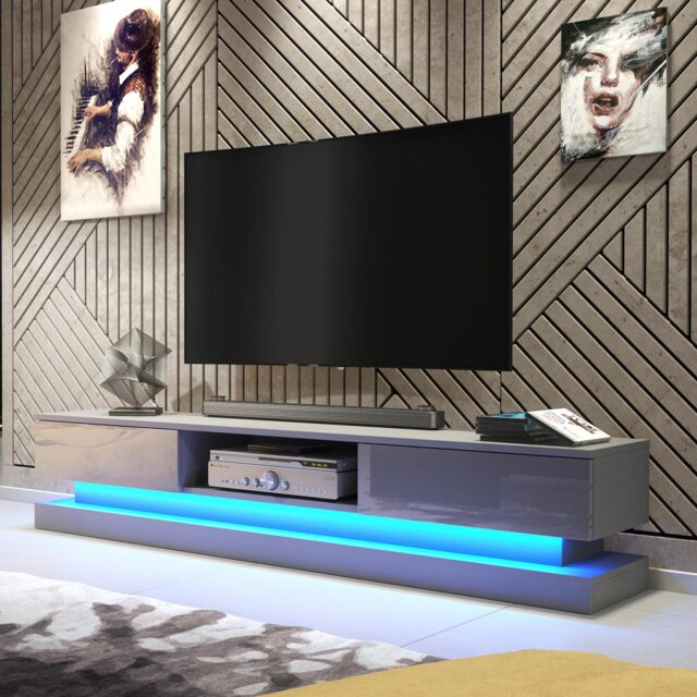 TV Unit TV Stand Media Cabinet Sideboard Grey High Gloss Doors LED 180cm