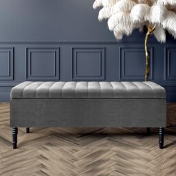 90cm Paris Striped Ottoman Storage Bench -Upholstered Shoes Bench with Black Turned Wooden Legs - Dark Grey Naple Ottoman Bench