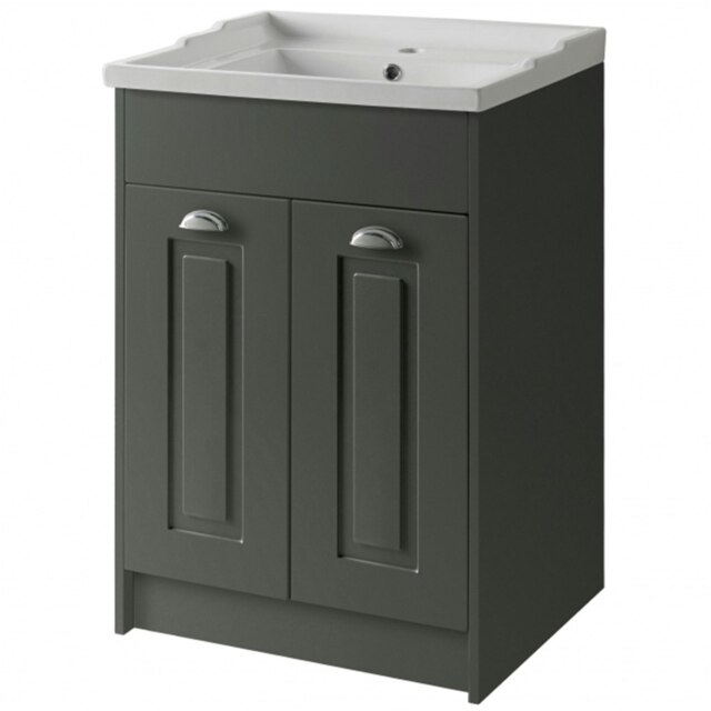 Bathroom Traditional Floor Standing 2 Door Vanity Unit and Ceramic Basin 600mm - Matt Grey - (Aberdeen) Grey Grey 1