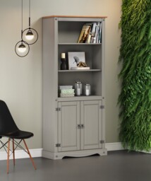 Mercers Furniture Corona Grey Wax 2 Door Bookcase 3 Shelf Display Cupboard Cabinet Solid Wood Pine Wooden with Mexican Styling