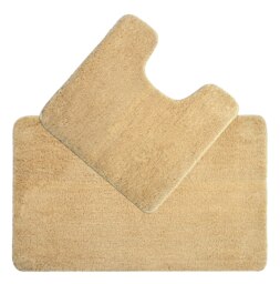 Luxury Microfibre Deep Pile Bath Mat and Pedestal Set - Non Slip Cream Beige