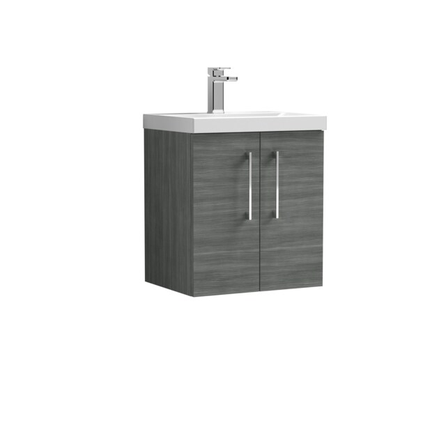 Balterley Contemporary Bathroom Wall Hung 2-Door Vanity & Thin-Edge Basin Grey Anthracite Woodgrain