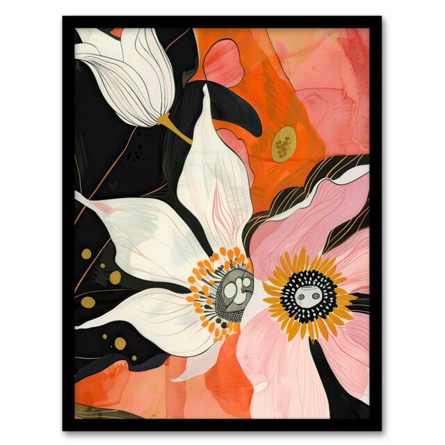 Abstract Pink Orange Flowers Floral Boho Black Framed Wall Art Print A4