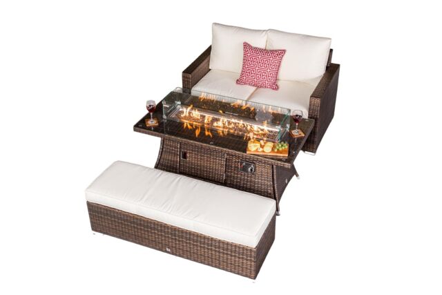 Sydney 2 Seat Loveseat Sofa Rattan Garden Furniture Set Outdoor With Fire Pit Coffee Table & Bench Brown Brown Two Seater