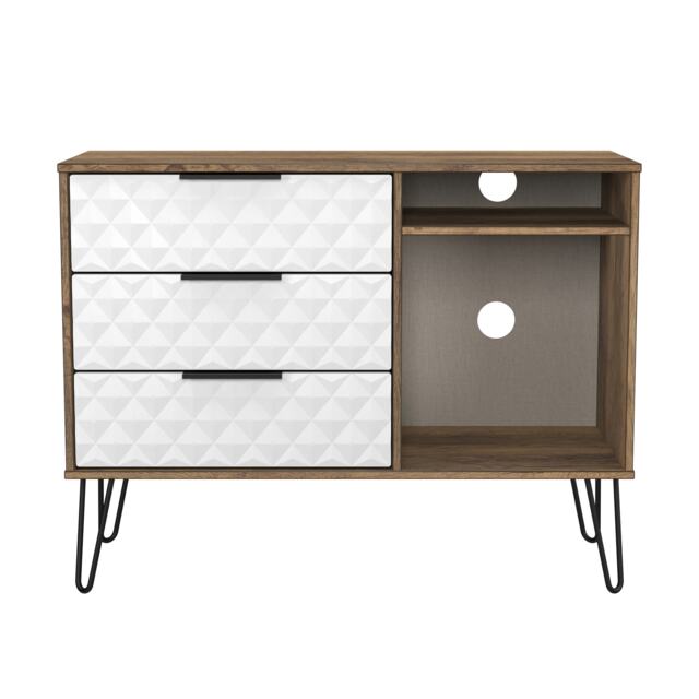 Islay 3 Drawer TV Unit in White Matt & Vintage Oak (Ready Assembled) White White Matt & Vintage Oak