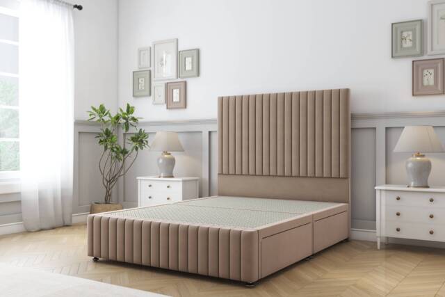 Sloomy Madison Mink Plush Divan Bed Base 2 Drawers Right Side With 26 Inch Strutted Headboard & 12 Inch Matching Footboard Brown Mink Small Double 1