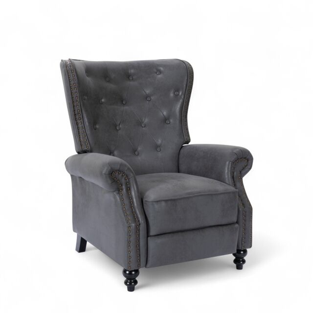 Faux Leather Suede Grey Buttoned Carmona Wingback Recliner Chair