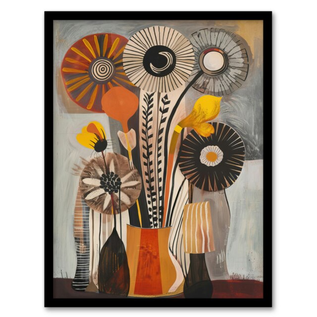 Abstract Folk Art Autumn Flower Bouquet Vase Black Framed Wall Art Print A4