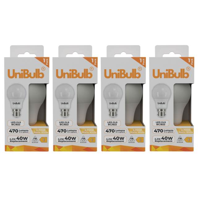UniBulb LED GLS B22 Bayonet Cap (BC) 470lm 4.2W (Replaces 40W) 2700K (Warm White) Light Bulb - Pack of 4
