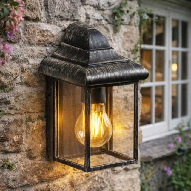 CGC Lighting Camila Antique Bronze Outdoor Wall Lantern Clear Glass Diffuser Black Black and Bronze Height: 22.5 cm, Width: 14.5 cm, Depth: 11.5 cm