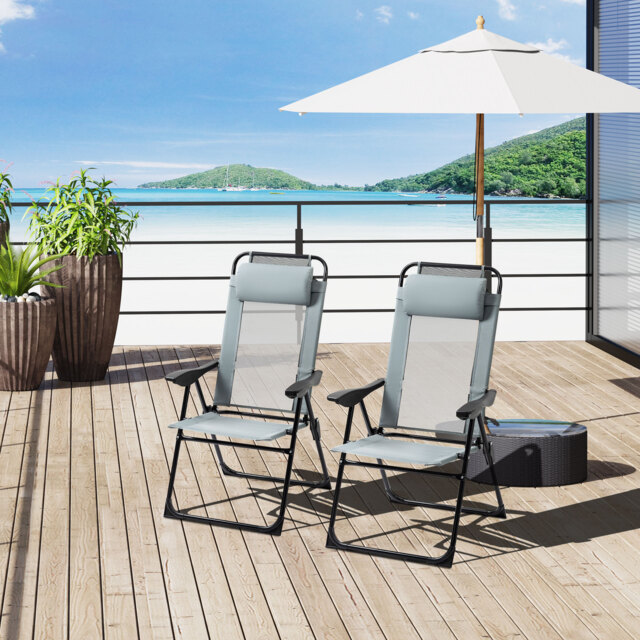 Outsunny Garden Chairs Set of 2 Folding Camping Chair Recliners, Grey Grey Grey