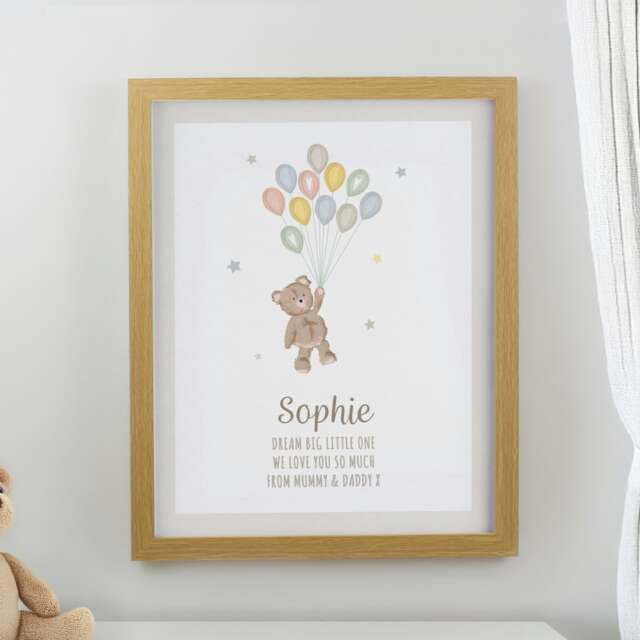 Personalised Teddy Balloon Oak Poster Frame Brown One Size