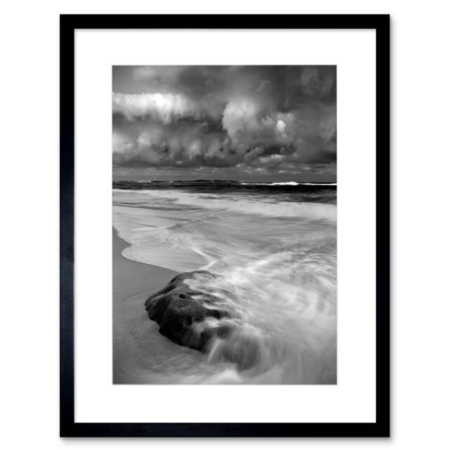 Nature Landscape Storm Sea Beach Black White Wave Framed Wall Art Print