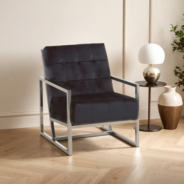 Orsina Black velvet Indoor Chair with Chrome Frame, Sturdy Lounge Arm Chair with Button Tufting and velvet Upholstery