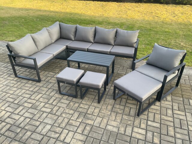 Fimous Aluminum 10 Seater Outdoor Lounge Corner Sofa Set Garden Furniture Sets with Oblong Coffee Table Chair 3 Footstools Dark Grey