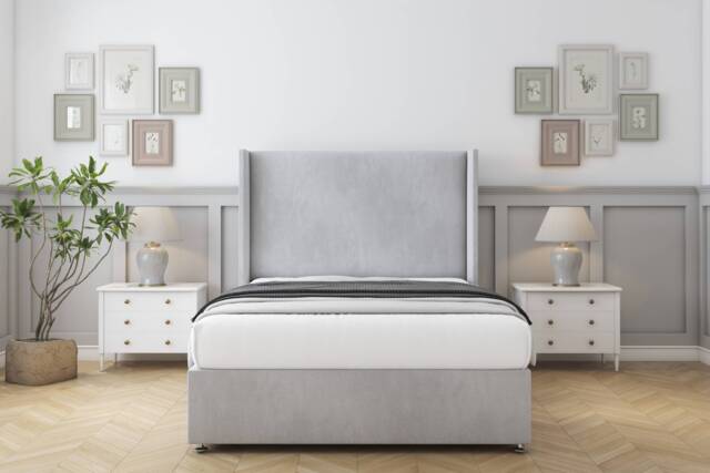 "Sloomy Devonshire Silver Naples Divan Bed With Mattress No Drawers With 54"" Wingback Headboard 2'6 Small Single Silver Silver Small Single 1"