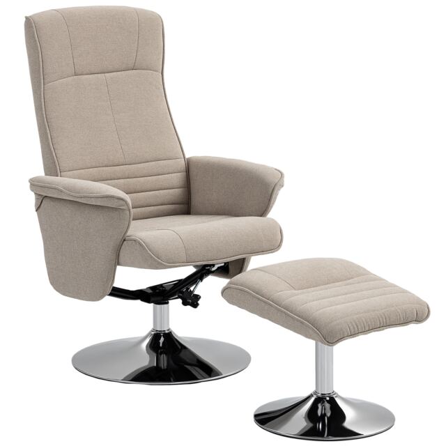 HOMCOM Swivel Recliner Chair with Footstool, Velvet Recliner Armchair with Ottoman, Steel Base, Upholstered Reclining Chair for Living Room, Bedroom, Office, Beige White Beige