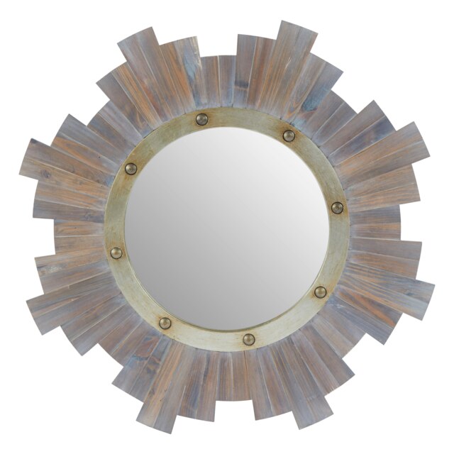 Orsina Wooden Wall Mirror With Grey Birch Frame & Metal Studs, Round Reflective Accent, Framed Wall Centre piece