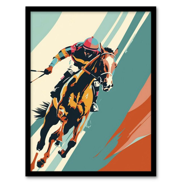 Jockey On Racehorse Animal Race Colourful Black Framed Wall Art Print A4