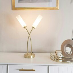 ValueLights Maya Brushed Gold 2 Way Curved Cross Over Reed Shaded Table Lamp with LED Bulbs Gold