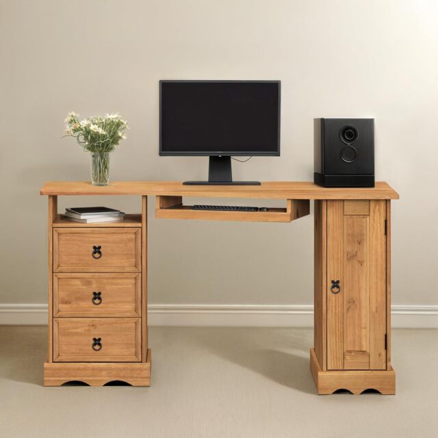 Mercers Furniture Corona Corner Computer Desk 3 Drawer 1 Door Office Bedroom Solid Wood Pine Wooden with Mexican Styling