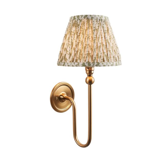 Santiago Brushed Aged Brass Plate Wall Light with Herb Garden Green Fabric Leaf Shade 20cm B22