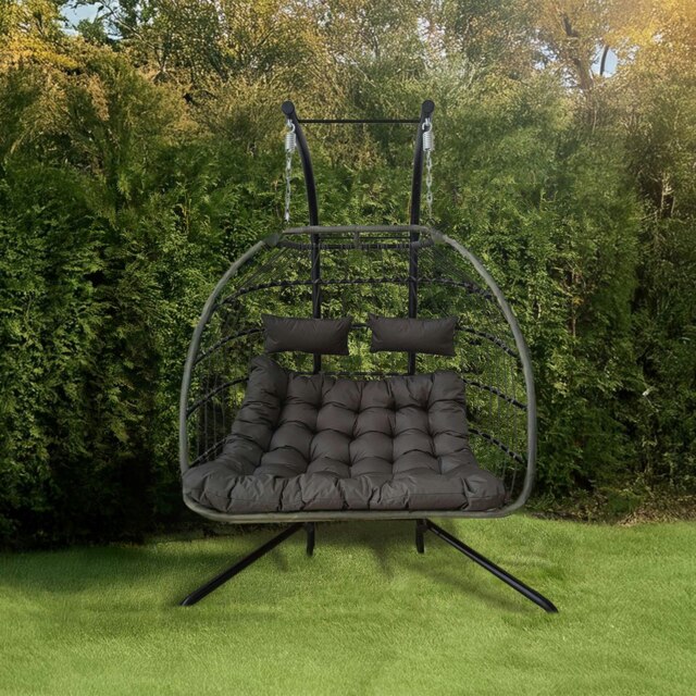 OHS Double Hanging Egg Chair Outdoor Garden Patio Deck Floating Seat Plump Cushion Grey