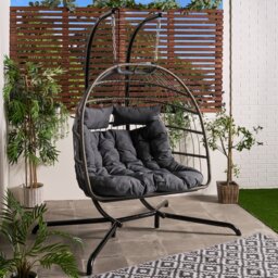 OHS Double Hanging Egg Chair Outdoor Garden Patio Deck Floating Seat Plump Cushion Grey