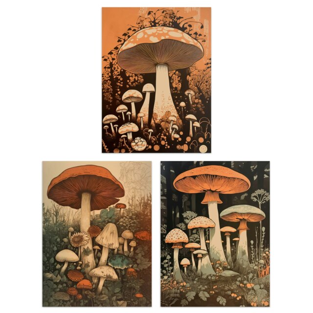 Set of 3 Botanical Fungi Mushroom Paintings Earthy Flora Nature Wall Art Print A4