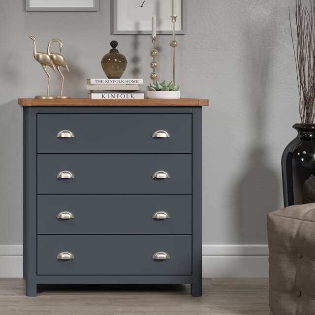 Dunkeld 4 Drawer Chest - Midnight Blue Painted Wood Bedroom Storage with Antique Waxed Top Blue Blue 1