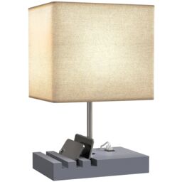 HOMCOM Bedside Lamp with USB A C Charging Ports and 3 Phone Stands, Modern Table Lamp with Solid Wood Base and Fabric Shade for Bedroom Living Room Office, E27 Socket, Bulb Not Included, Grey