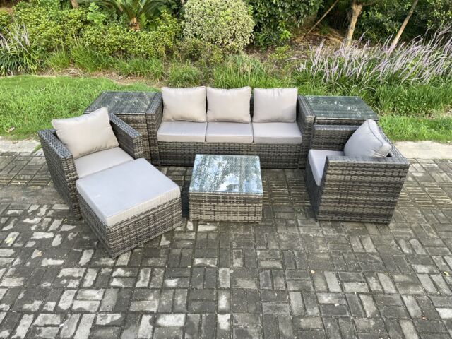 Fimous Wicker 7 Pieces Rattan Garden Furniture Sofa Set with Armchair 2 Side Tables Square Coffee Table Big Footstool Dark Grey Mixed