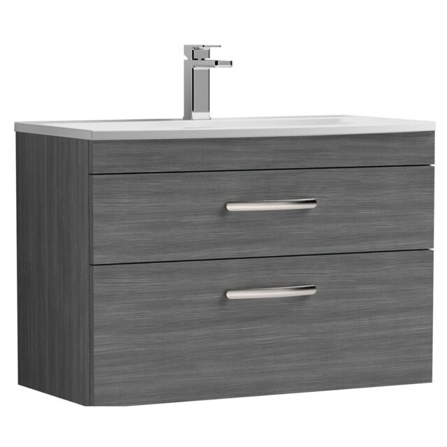 Balterley Millwich Contemporary 2 Drawer Wall Hung Vanity Unit with Curved Basin, Anthracite Woodgrain, 800mm