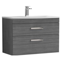 Balterley Millwich Contemporary 2 Drawer Wall Hung Vanity Unit with Curved Basin, Anthracite Woodgrain, 800mm