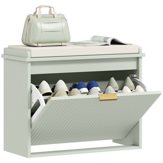 HOMCOM Shoe Storage Bench with Cushion and Flip-Drawer 62x26x47.5cm Green Green Green