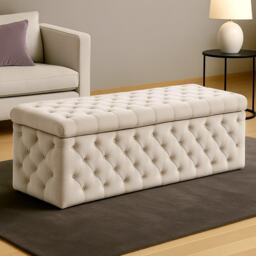 90cm Wide Lux Ottoman Storage Box, Cream Velvet Upholstered Chesterfield Storage Ottoman Box
