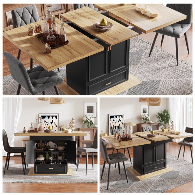 VILUXE 110-140 cm Extendable Dining Table with 2 Doors, Drawer, Adjustable Shelves and Locking Metal Extension, Black