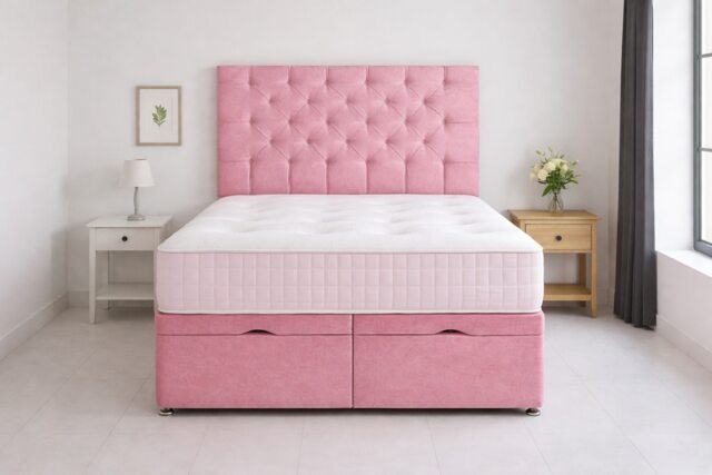 Crush Pink Velvet 4ft6 Double Ottoman Foot Lift Bed Set Headboard and Mattress