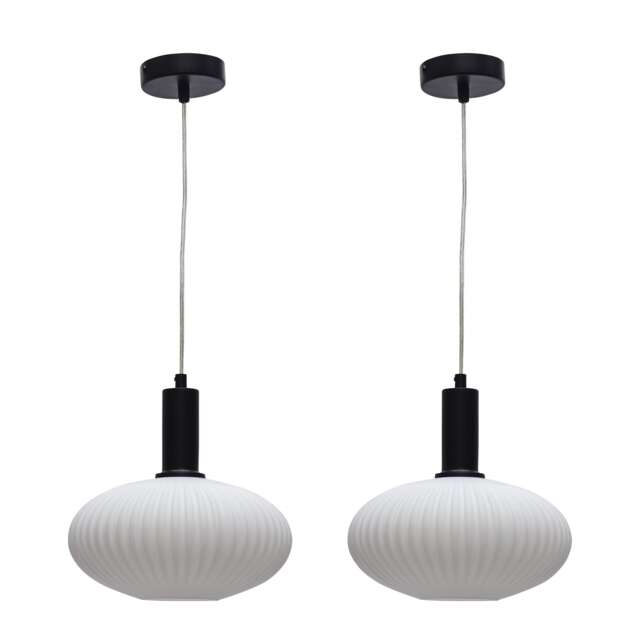 Set of 2 Baton - White Ribbed Oval Glass Black Deco Pendant Fittings