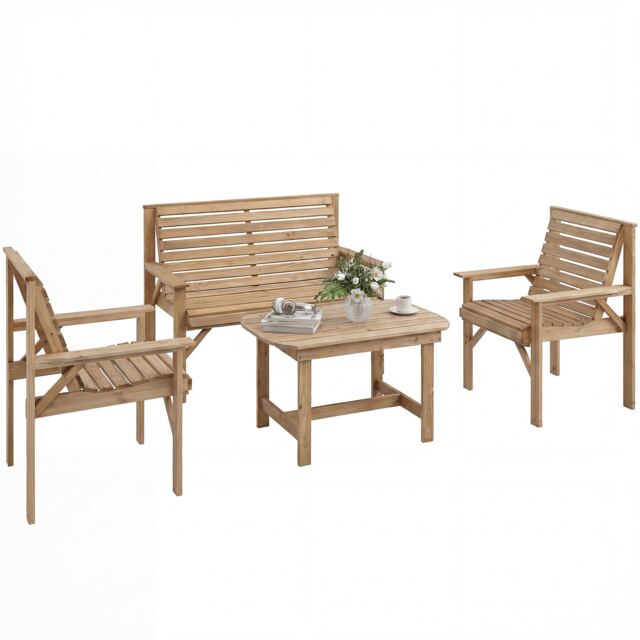 Outsunny 4 Seater Garden Furniture Sofa Set with Curved Seat, Natural Wood Brown Natural wood finish Four Seater