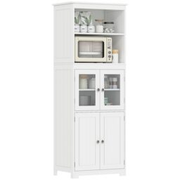 HOMCOM Freestanding Kitchen Cupboard, 4-Door Storage Cabinet with Adjustable Shelf and Glass Doors for Dining Room, Living Room, White