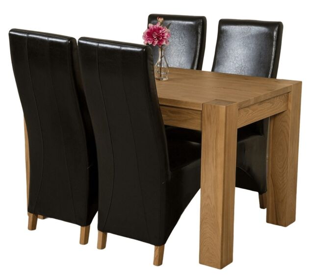 Kuba 125 x 80 cm Chunky Oak Small Dining Table and 4 Lola Leather Chairs Black Black