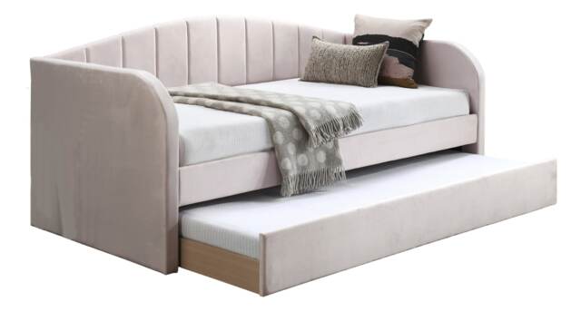 Pink Day Bed,Sofabed,Guest Trundle Fabric Upholstered Velour, Bed Frame Pink Single
